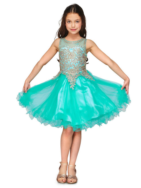Girls Aqua Gold Trim Wire Tulle Flower Girl Junior Bridesmaid Dress 4-20